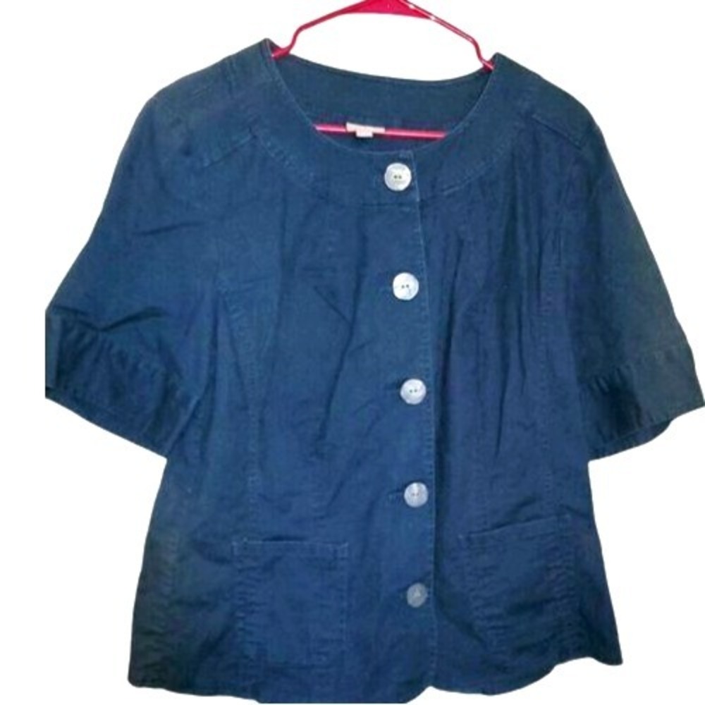 J. Jill Linen Navy Blue Nautical Crop Blouse Button‎ Top Cardigan size 16
